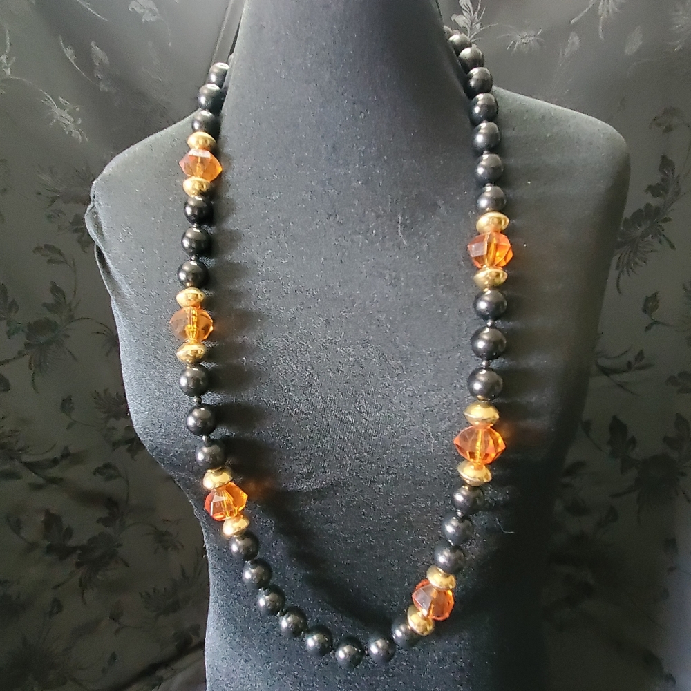 Vintage Long Necklace Orange Black Gold Beads Plastic 38" Chunky Statement Piece